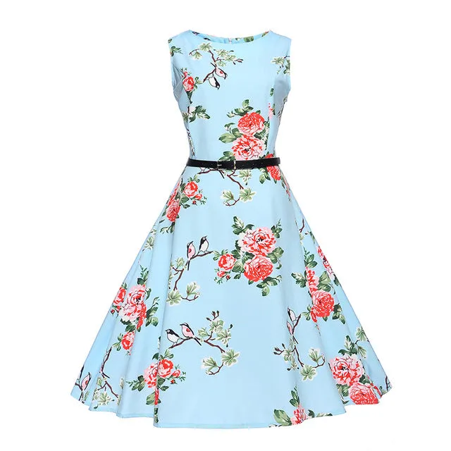 CYAN Women Summer Dress 2018 Casual Floral Print Ball Gown Sleeveless Dress Vintage 50s 60s Party Dresses Female Vestidos 2XL