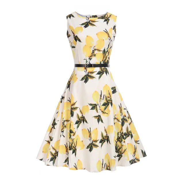 CYAN Women Summer Dress 2018 Casual Floral Print Ball Gown Sleeveless Dress Vintage 50s 60s Party Dresses Female Vestidos 2XL