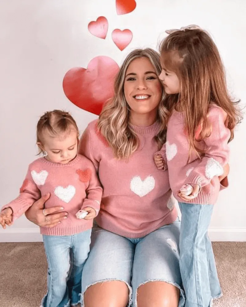 Danielle Hearts Sweater - Dusty Rose and White