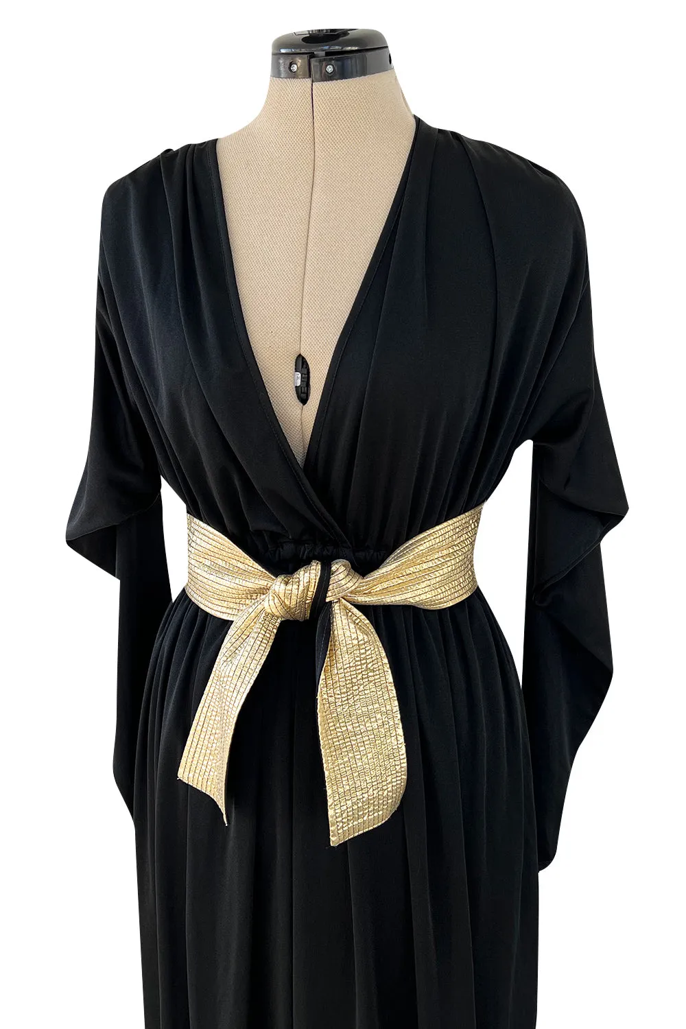 Documented 1980 Bill Tice Plunging Front Black Jersey Dress w Top Stitched Gold Belt