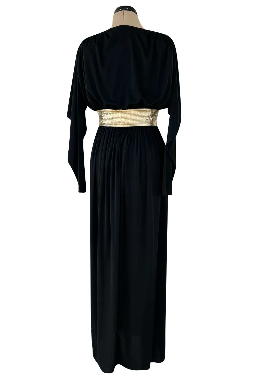 Documented 1980 Bill Tice Plunging Front Black Jersey Dress w Top Stitched Gold Belt