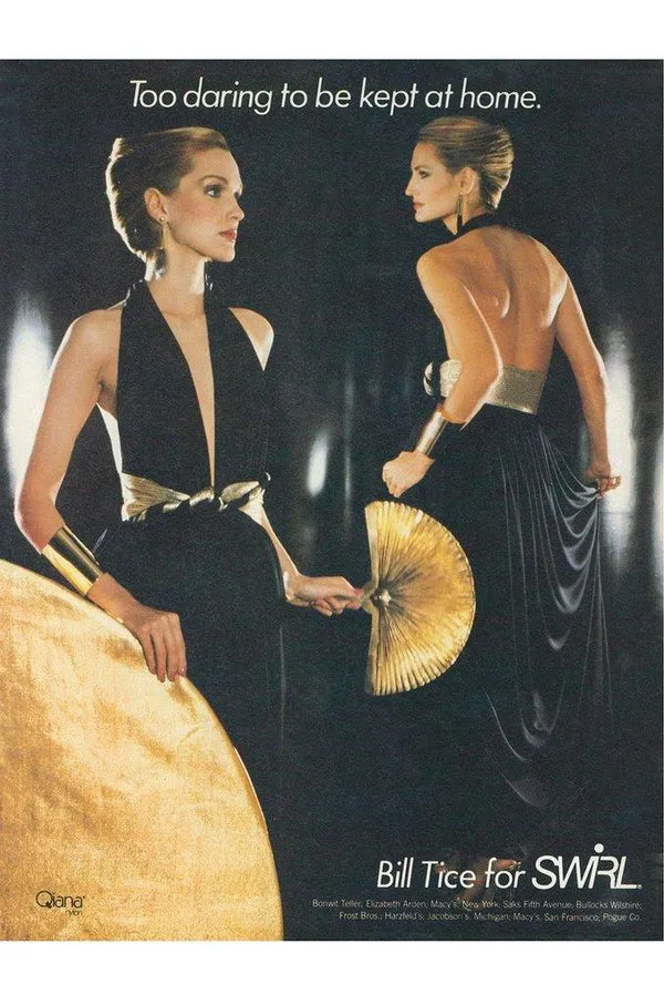 Documented 1980 Bill Tice Plunging Front Black Jersey Dress w Top Stitched Gold Belt