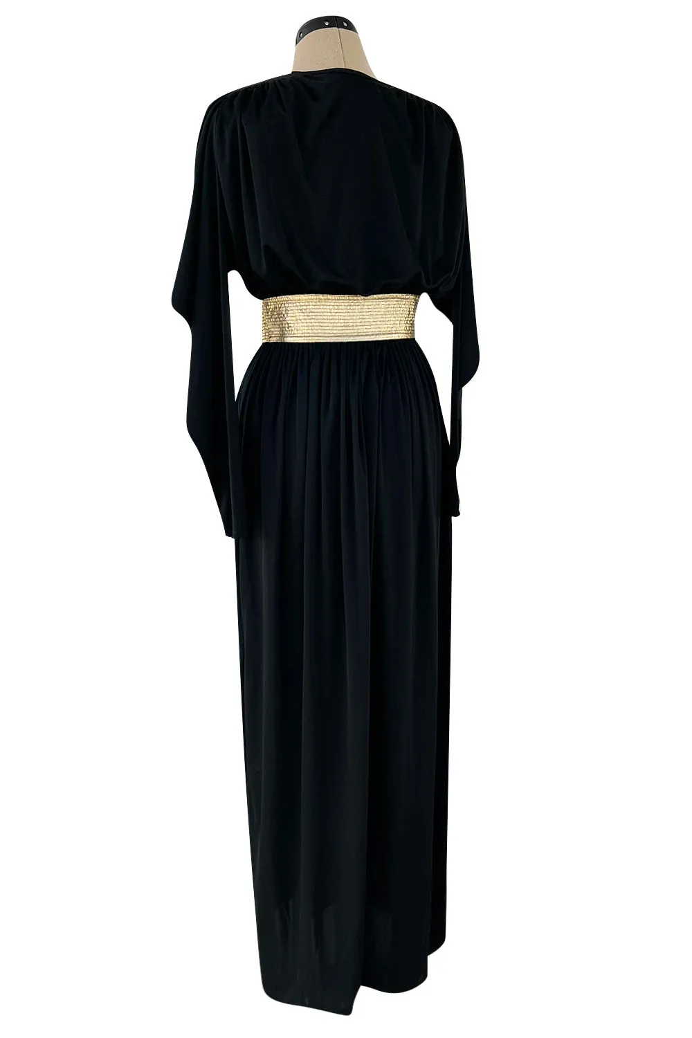 Documented 1980 Bill Tice Plunging Front Black Jersey Dress w Top Stitched Gold Belt