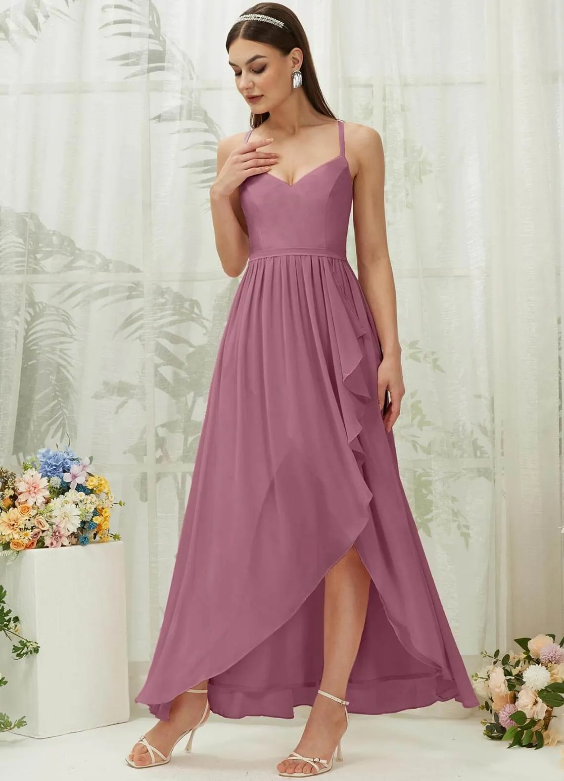 Dusty Rose Chiffon Slit High Low Sweetheart Straps Pleated Flowy Bridesmaid Dress