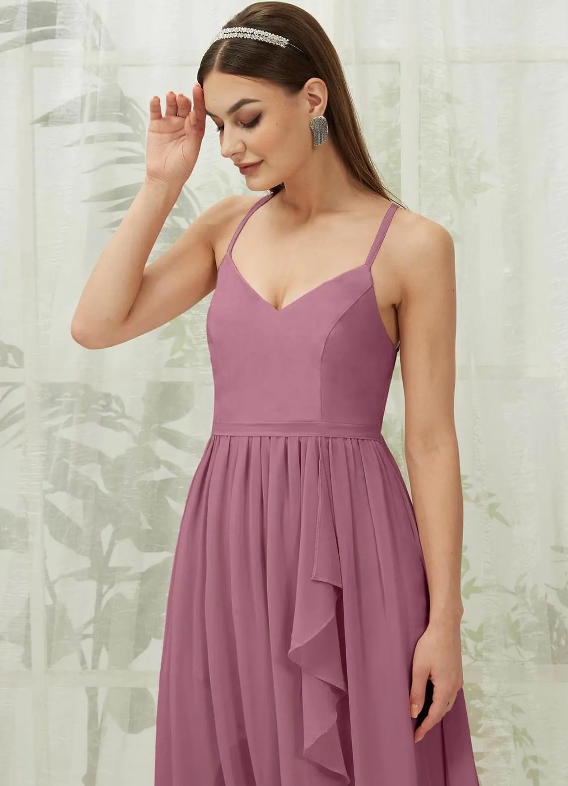 Dusty Rose Chiffon Slit High Low Sweetheart Straps Pleated Flowy Bridesmaid Dress