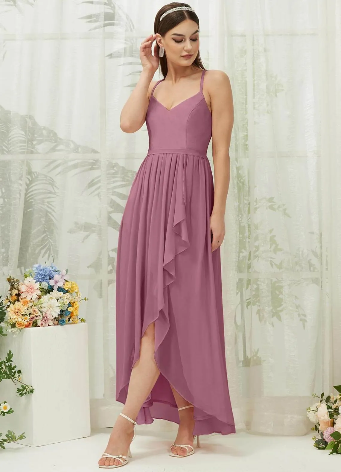 Dusty Rose Chiffon Slit High Low Sweetheart Straps Pleated Flowy Bridesmaid Dress