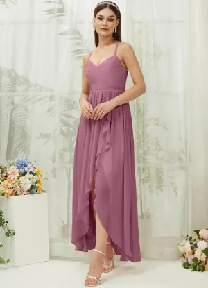 Dusty Rose Chiffon Slit High Low Sweetheart Straps Pleated Flowy Bridesmaid Dress