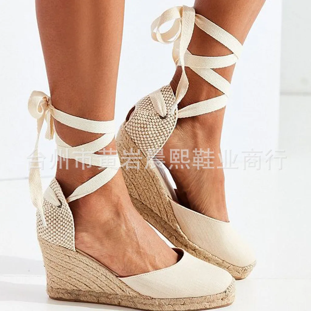 Espadrille Ankle Strap Sandals Comfortable Slippers Ladies Casual Shoes Breathable Flax Hemp Canvas Pumps