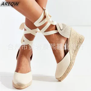 Espadrille Ankle Strap Sandals Comfortable Slippers Ladies Casual Shoes Breathable Flax Hemp Canvas Pumps