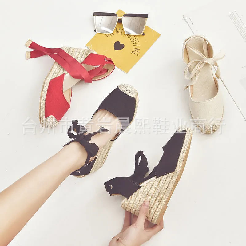 Espadrille Ankle Strap Sandals Comfortable Slippers Ladies Casual Shoes Breathable Flax Hemp Canvas Pumps