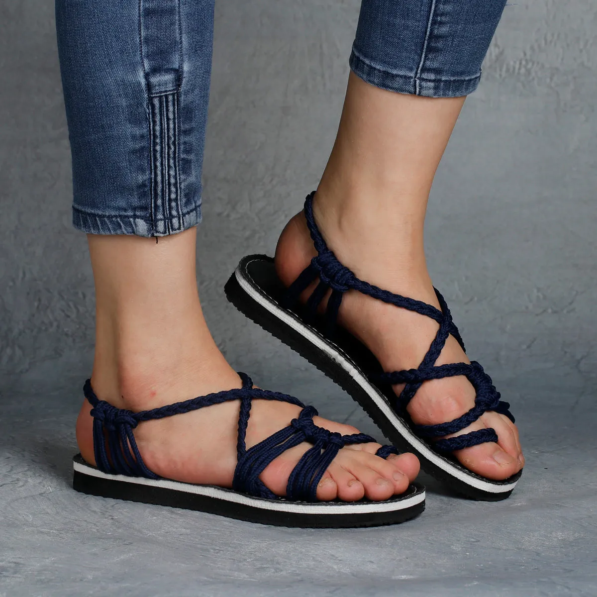 Explosive style sandals women 2021 summer braided knot rope flat large size sandals all over toe sandals