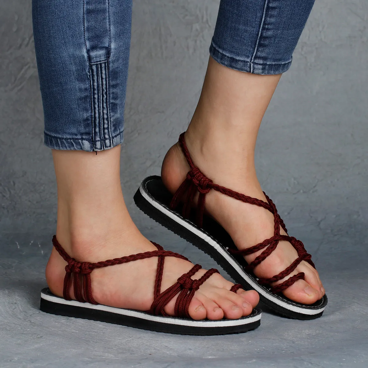 Explosive style sandals women 2021 summer braided knot rope flat large size sandals all over toe sandals