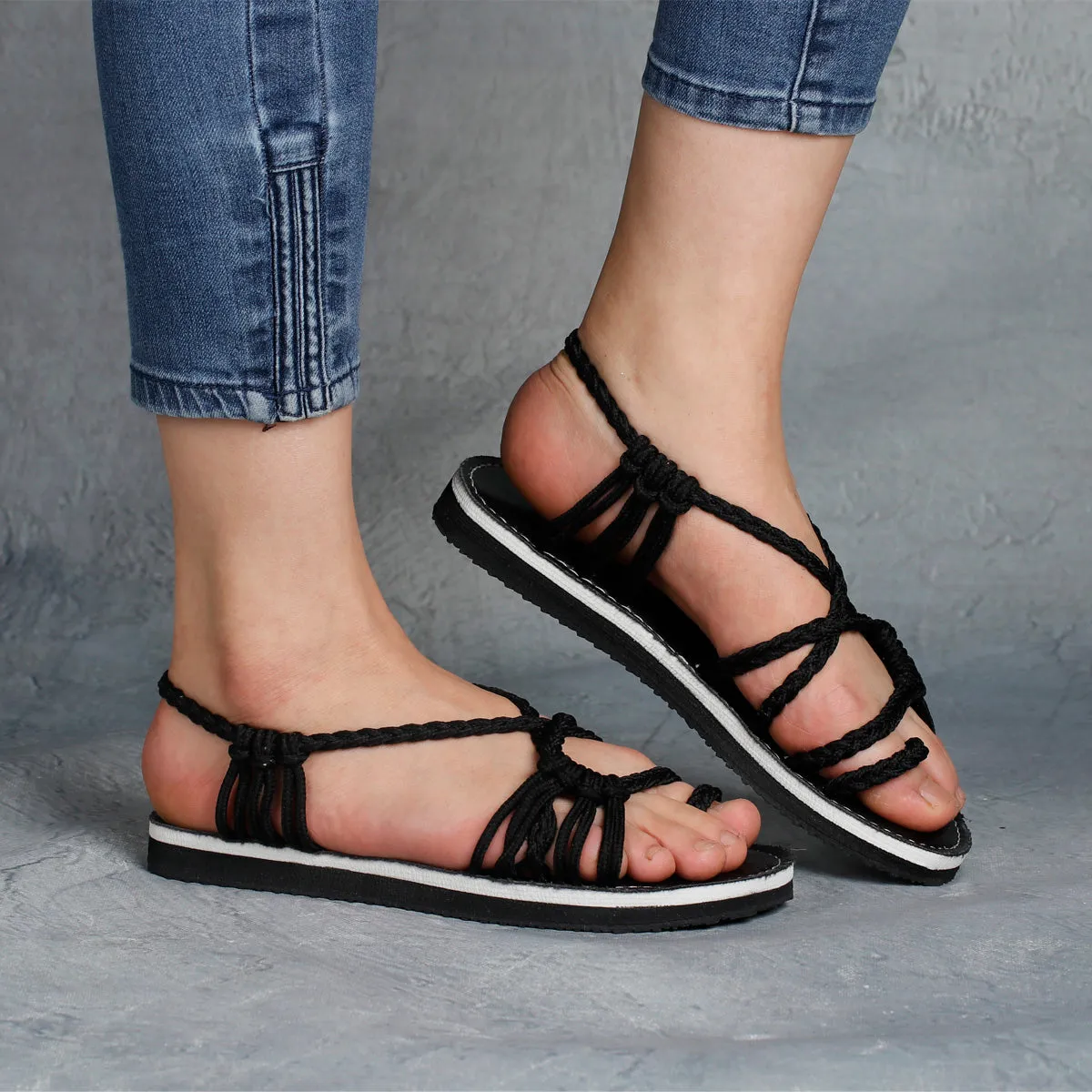 Explosive style sandals women 2021 summer braided knot rope flat large size sandals all over toe sandals