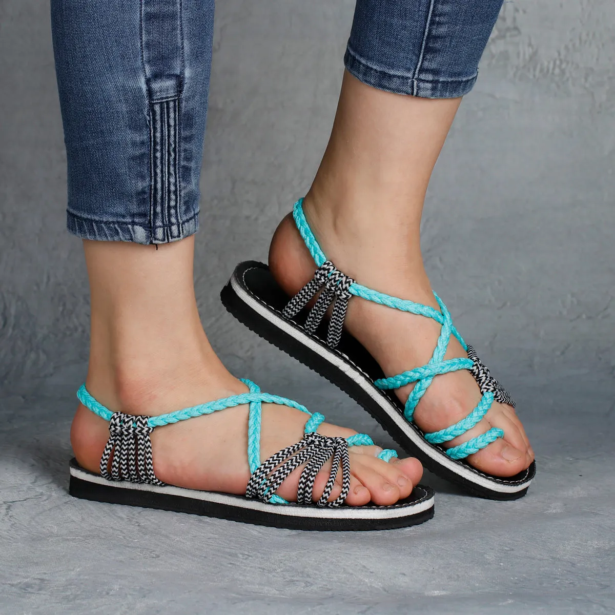 Explosive style sandals women 2021 summer braided knot rope flat large size sandals all over toe sandals