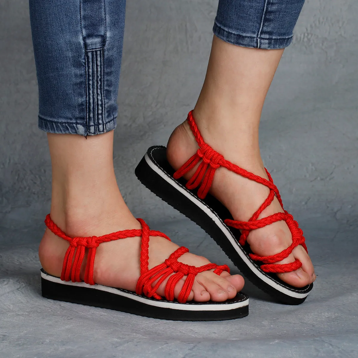 Explosive style sandals women 2021 summer braided knot rope flat large size sandals all over toe sandals