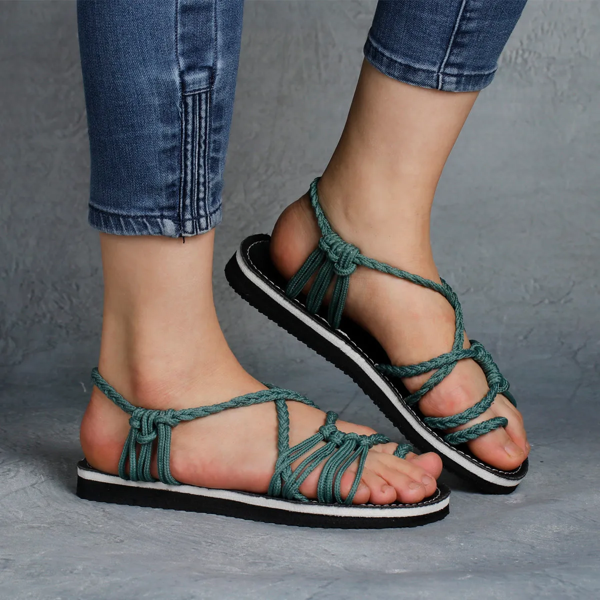 Explosive style sandals women 2021 summer braided knot rope flat large size sandals all over toe sandals