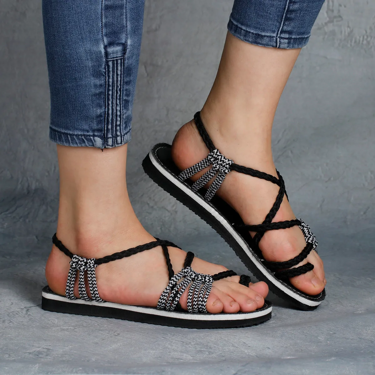 Explosive style sandals women 2021 summer braided knot rope flat large size sandals all over toe sandals