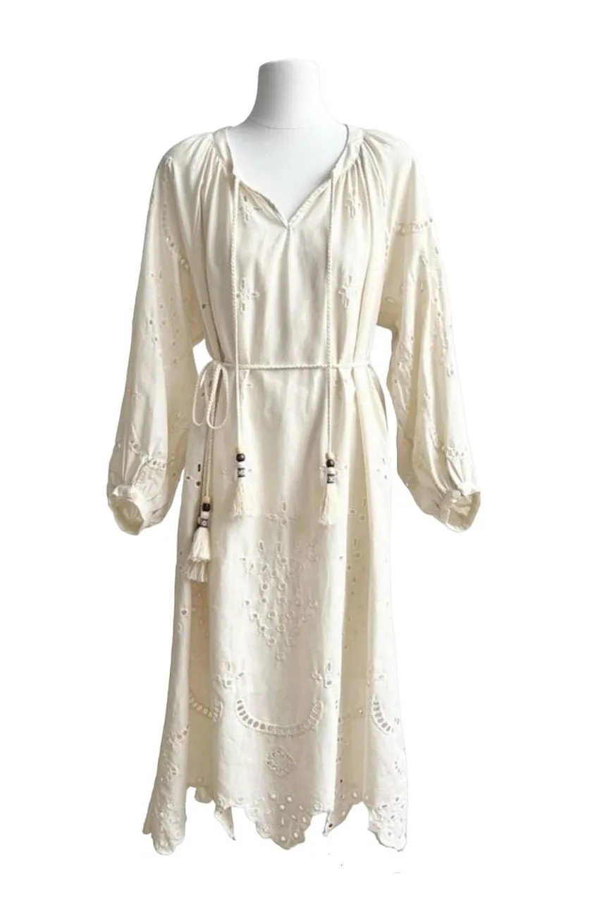 Eyelet Embroidered Midi Dress with Drawstring