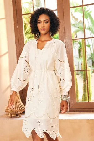 Eyelet Embroidered Midi Dress with Drawstring
