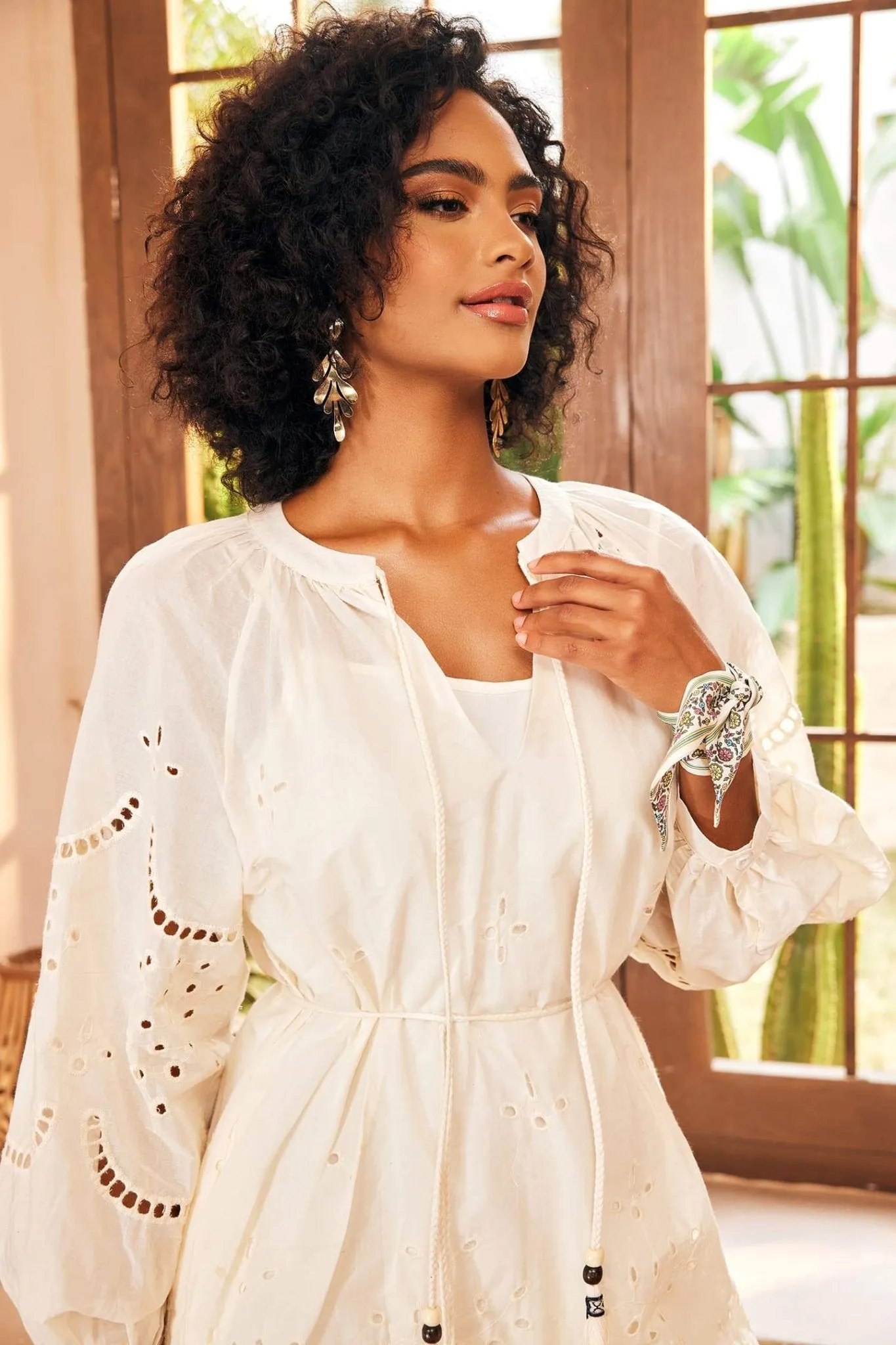 Eyelet Embroidered Midi Dress with Drawstring