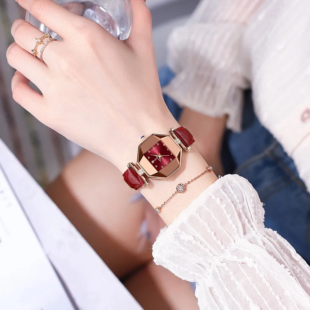 Fashion Square Diamond  Leather Quartz Waterproof Ladies Wristwatch