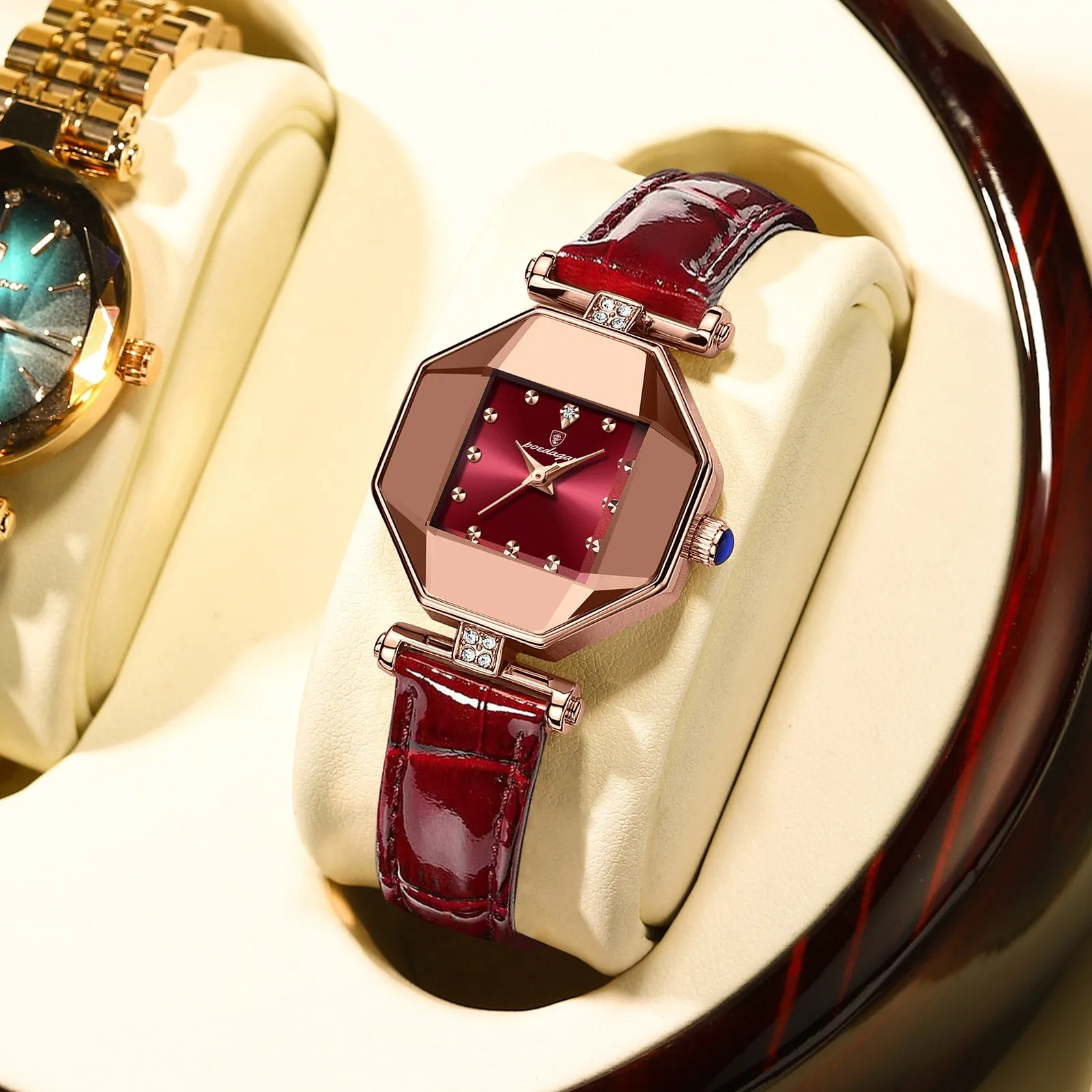 Fashion Square Diamond  Leather Quartz Waterproof Ladies Wristwatch