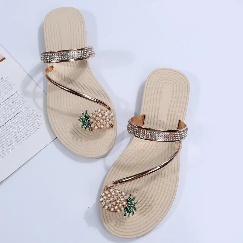 Flat Heel Slippers With Decorated Pineapples