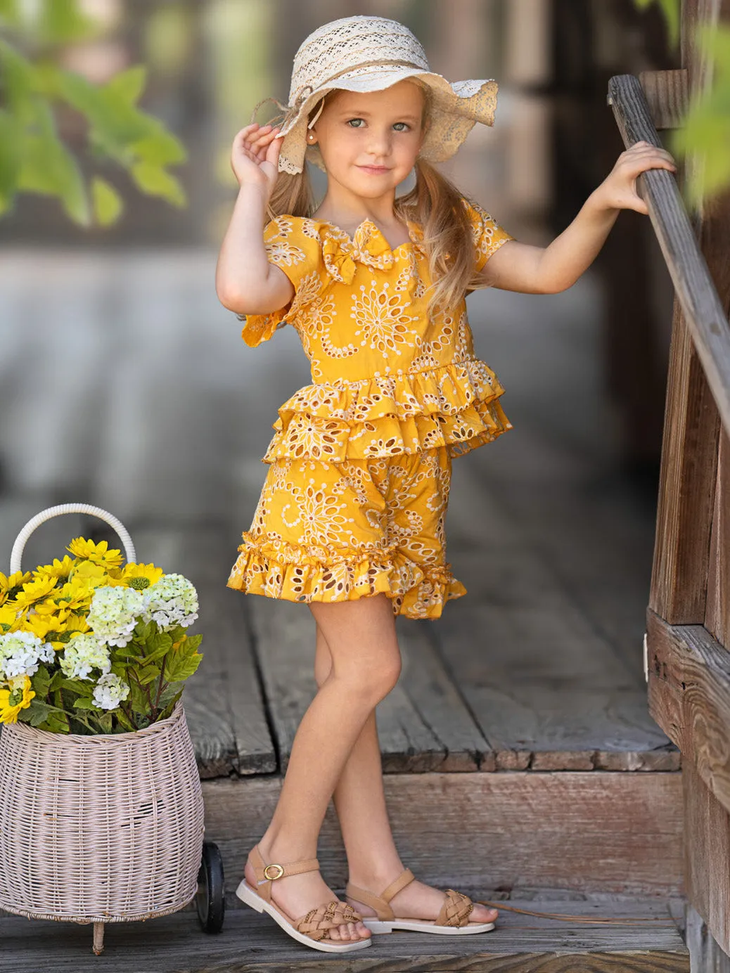Golden Bloom Eyelet Puff Sleeve Top and Ruffle Shorts Set