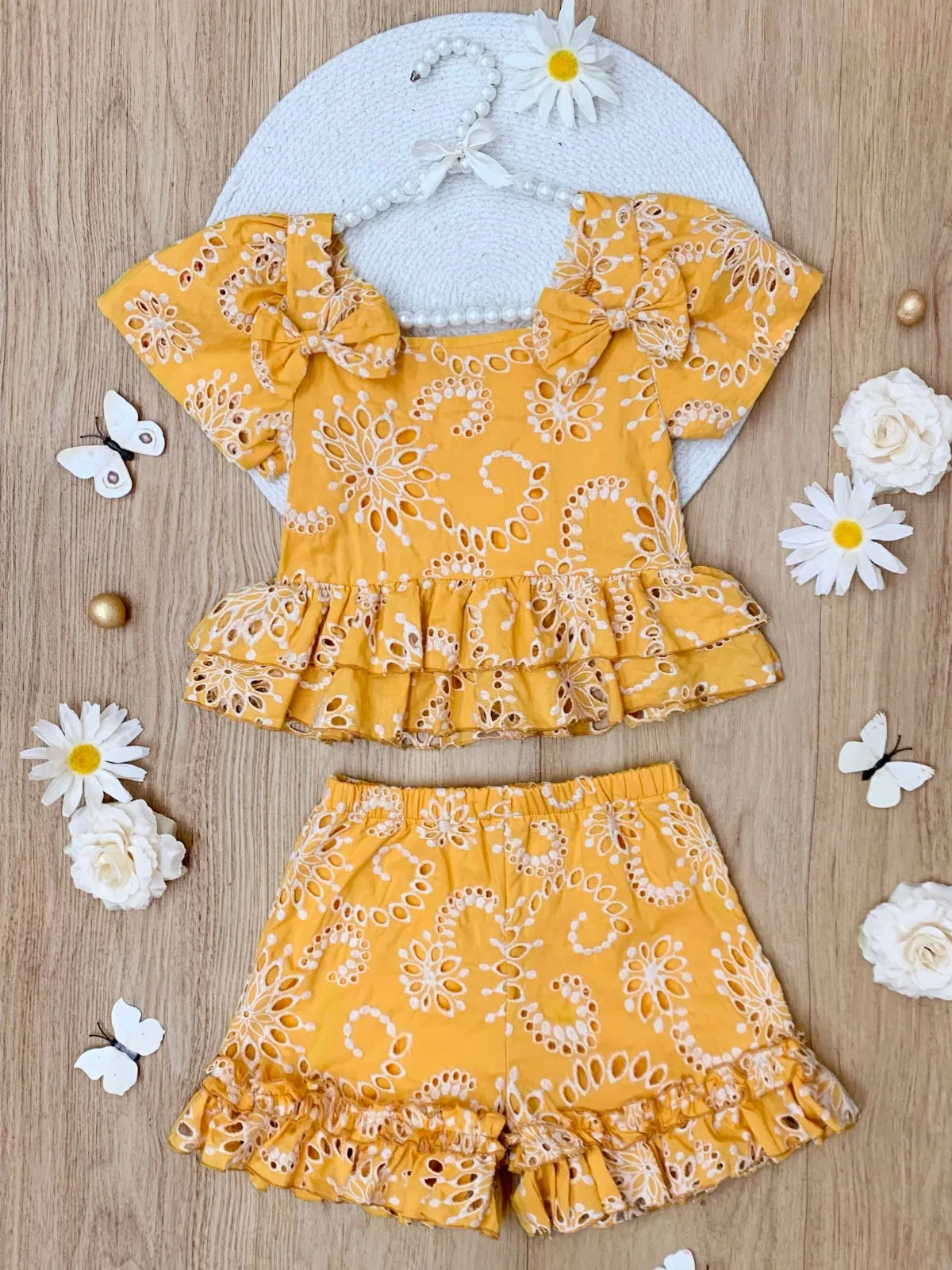 Golden Bloom Eyelet Puff Sleeve Top and Ruffle Shorts Set