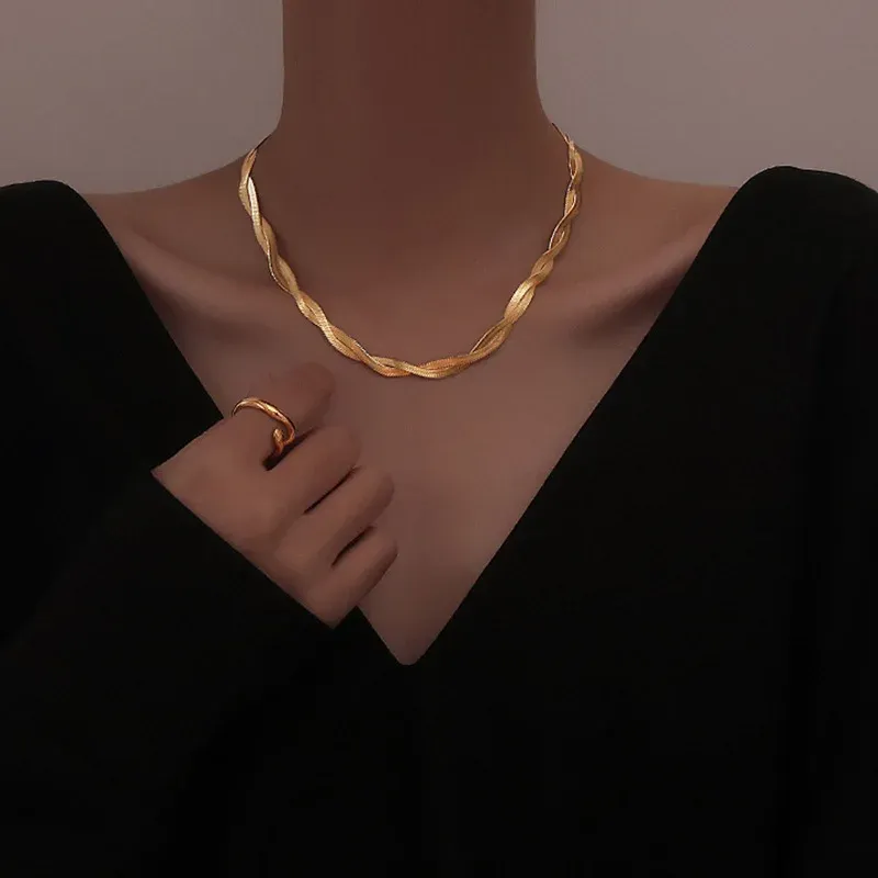 Golden Herringbone Braided Necklace & Bracelet Set
