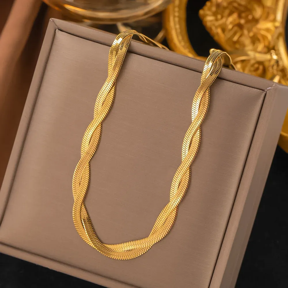 Golden Herringbone Braided Necklace & Bracelet Set