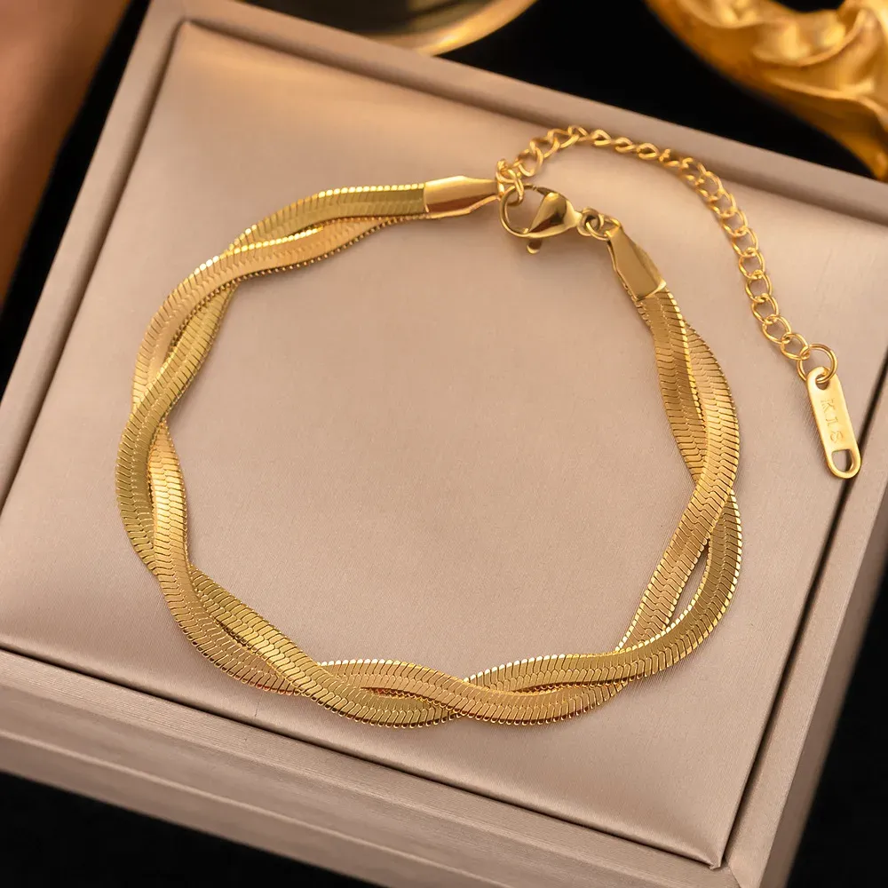 Golden Herringbone Braided Necklace & Bracelet Set