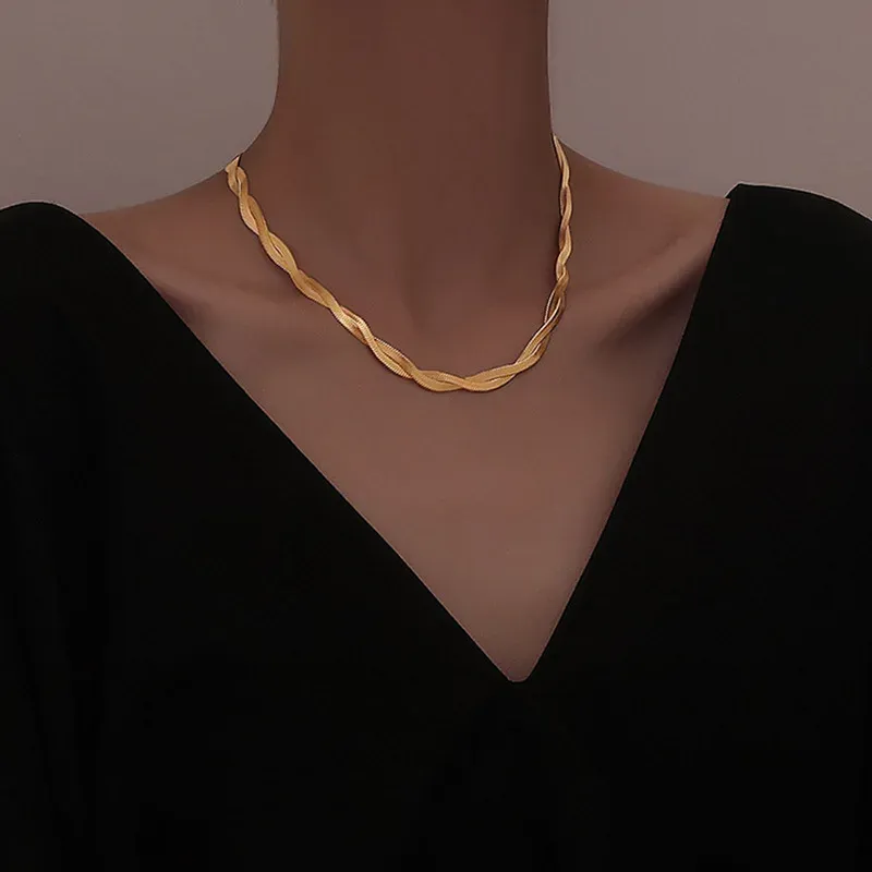 Golden Herringbone Braided Necklace & Bracelet Set