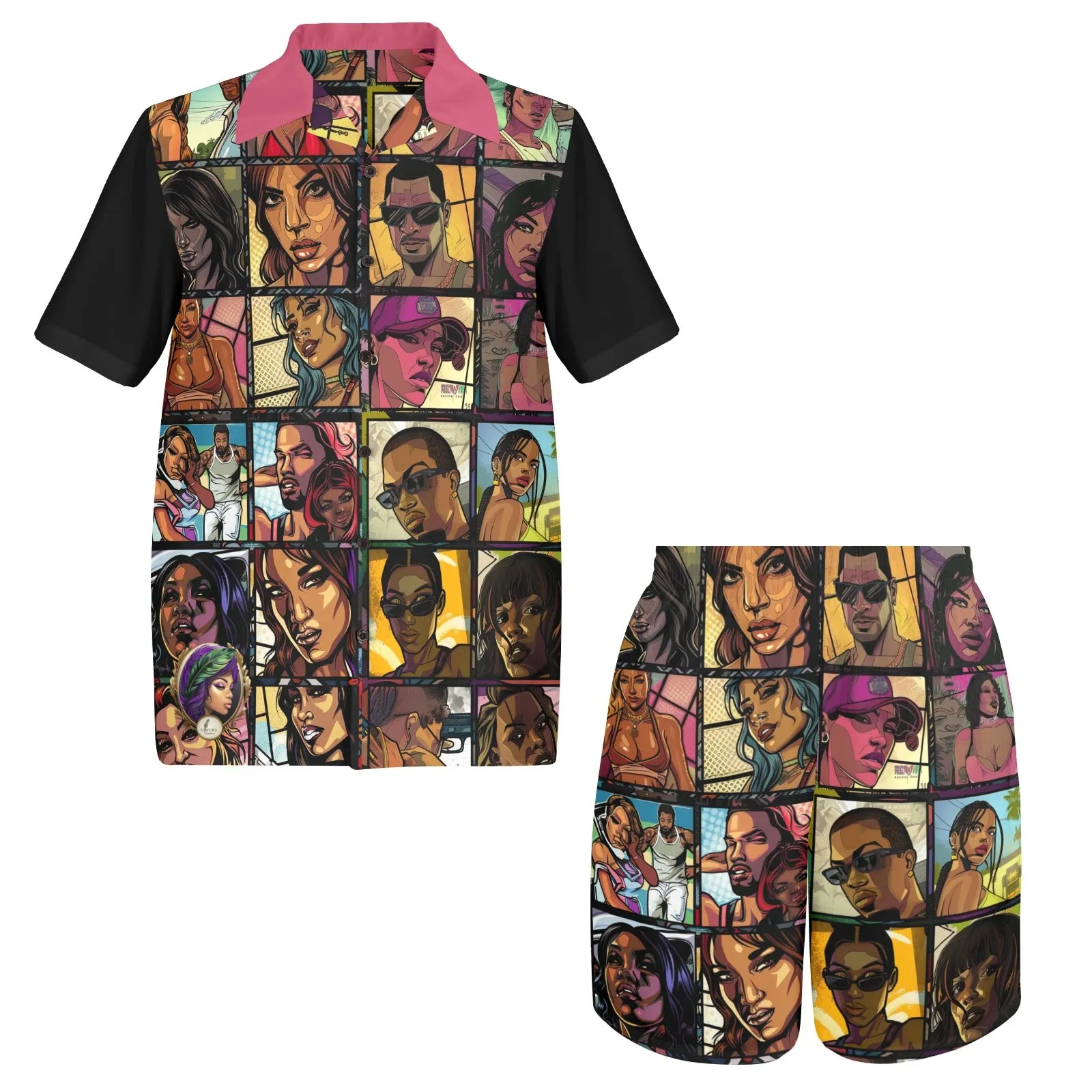 Grand Character Collage Men's Shirt and Shorts Outfit