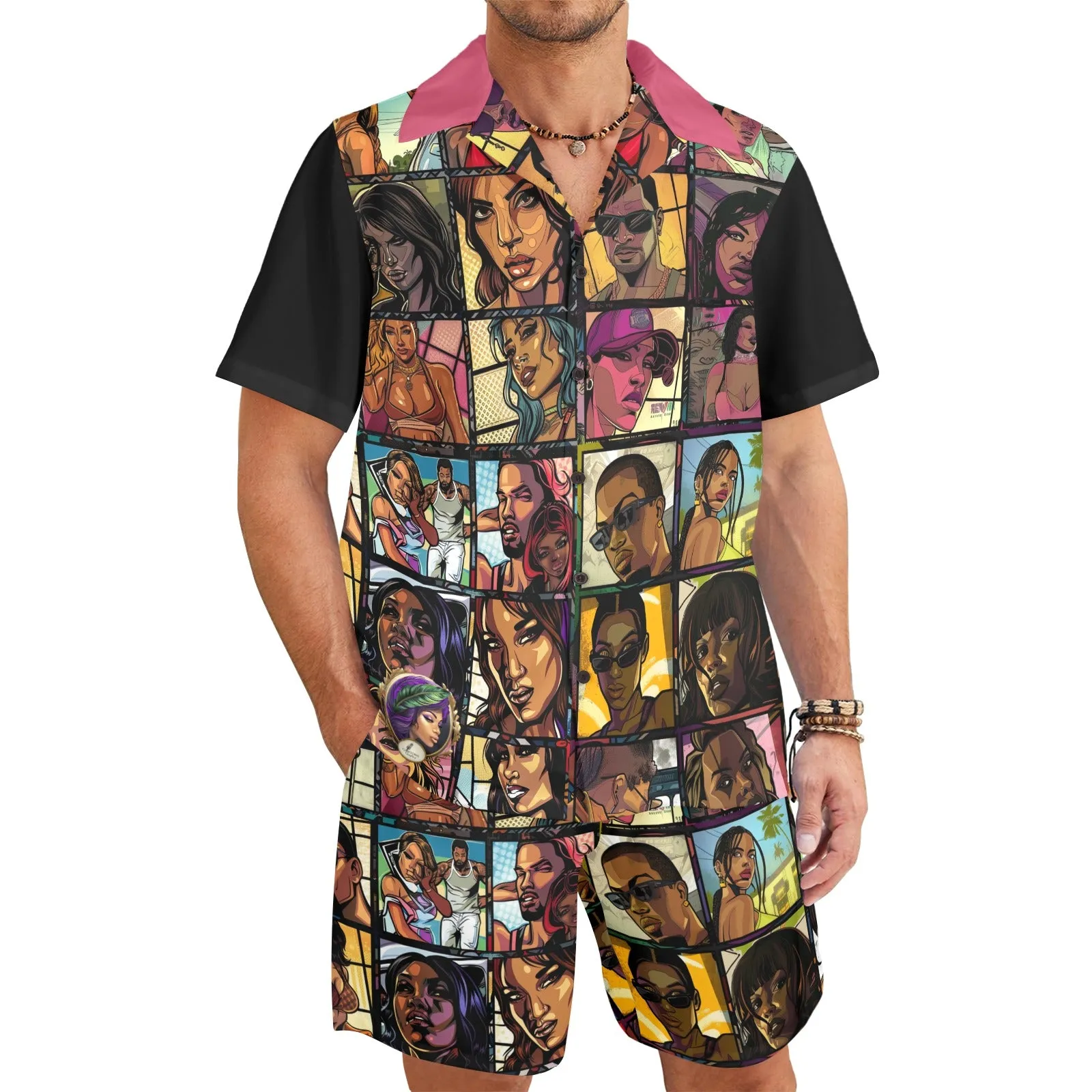 Grand Character Collage Men's Shirt and Shorts Outfit