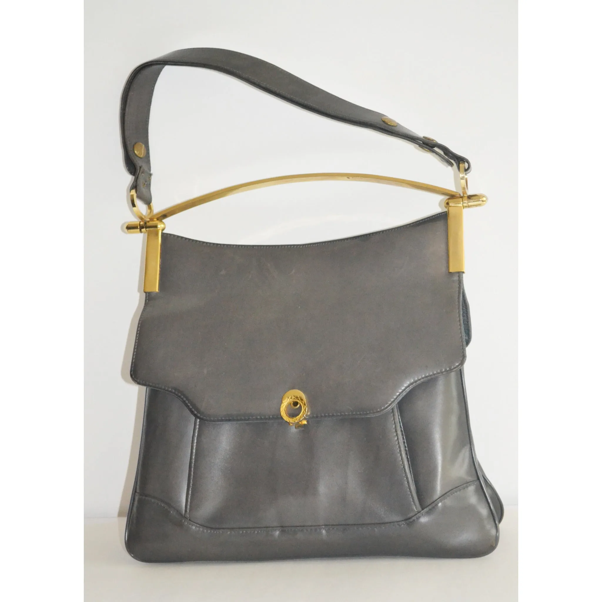 Grey Leather Pouch Structured Handbag