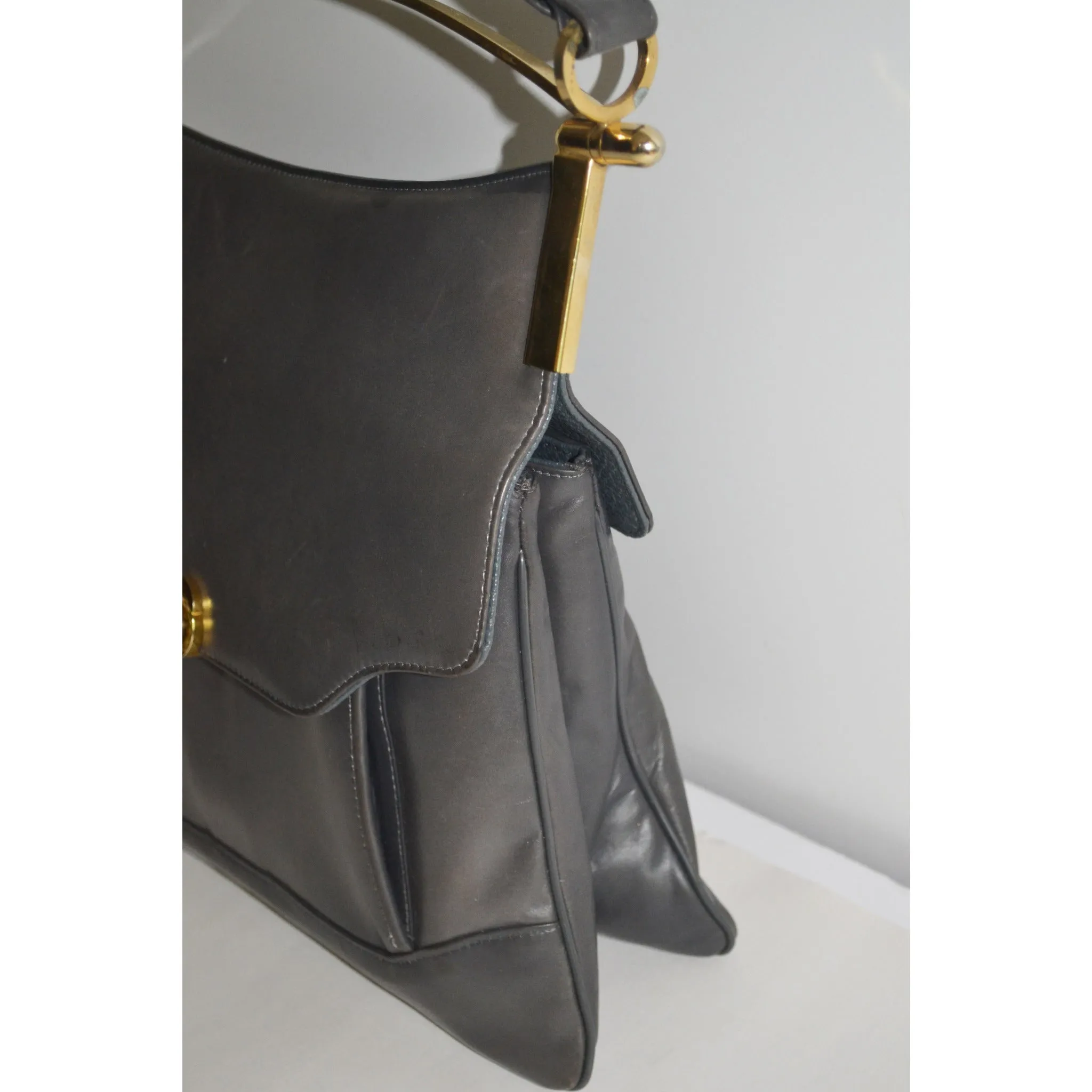 Grey Leather Pouch Structured Handbag