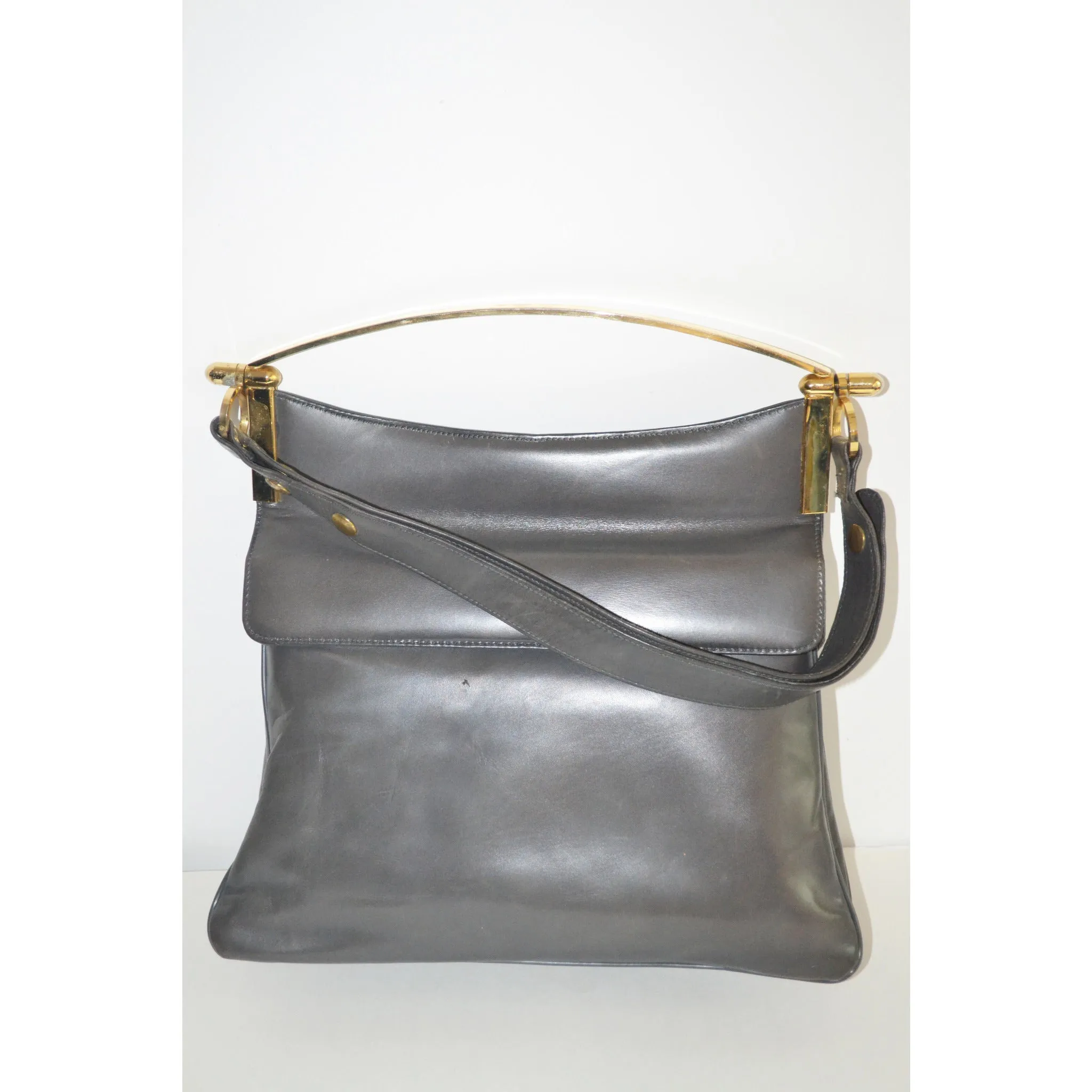 Grey Leather Pouch Structured Handbag