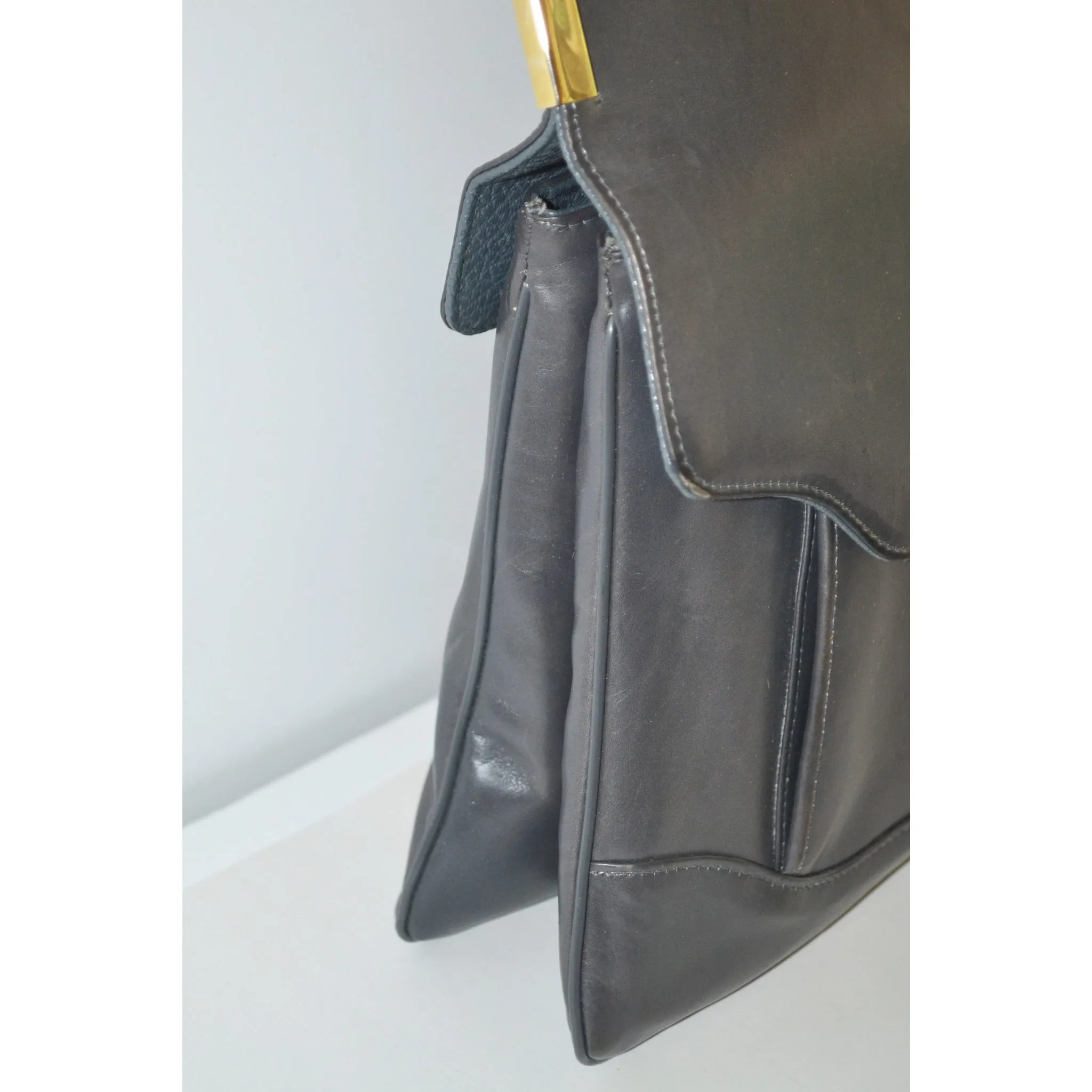 Grey Leather Pouch Structured Handbag