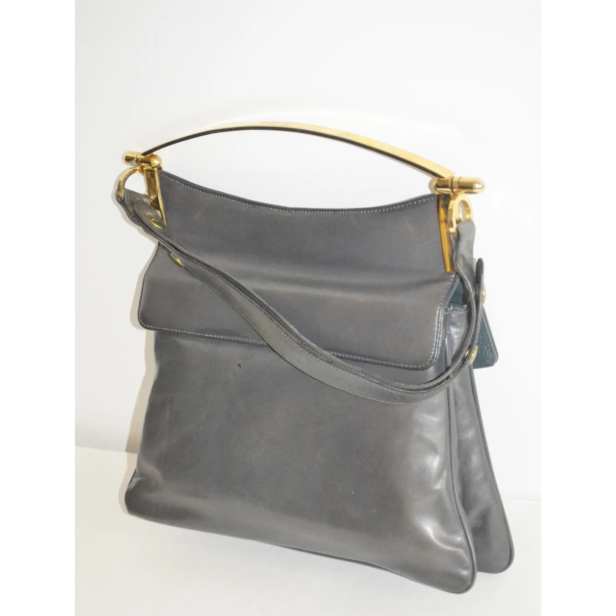 Grey Leather Pouch Structured Handbag