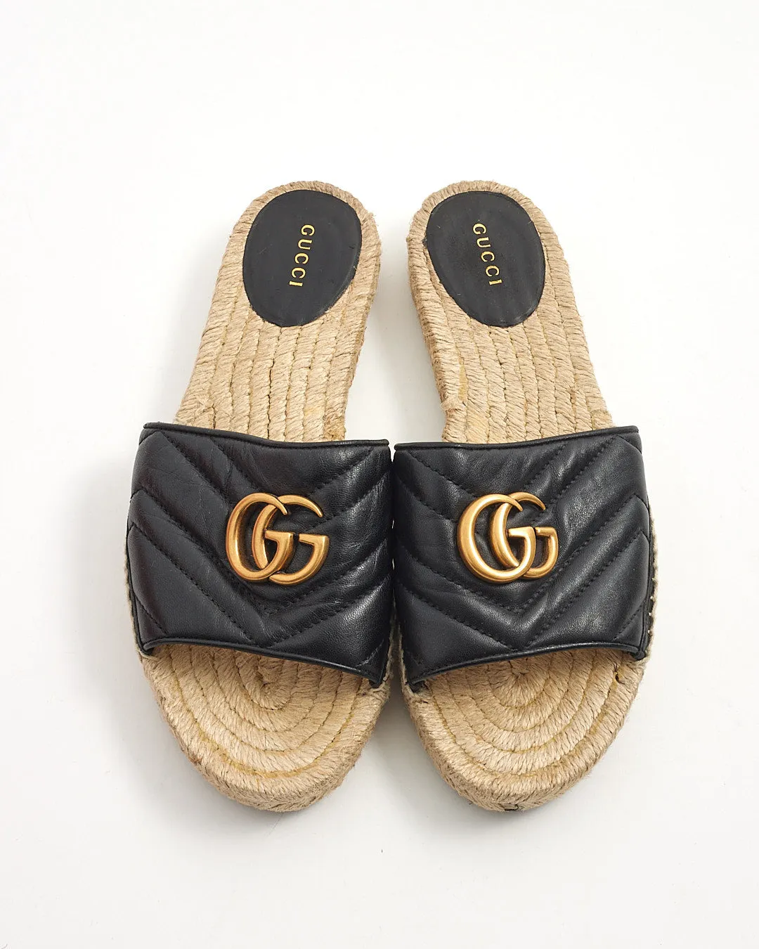 Gucci Black Leather GG Matelassé Espadrille Sandals - 39.5