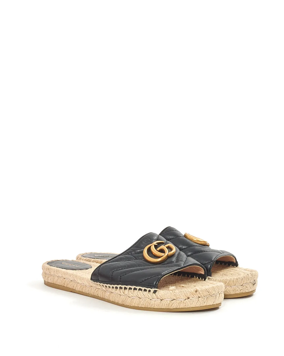 Gucci Black Leather GG Matelassé Espadrille Sandals - 39.5