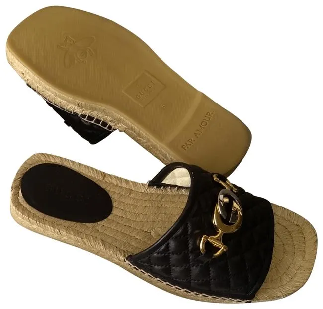 Gucci Horsebit Quilted Espadrille Slide Sandals in Black