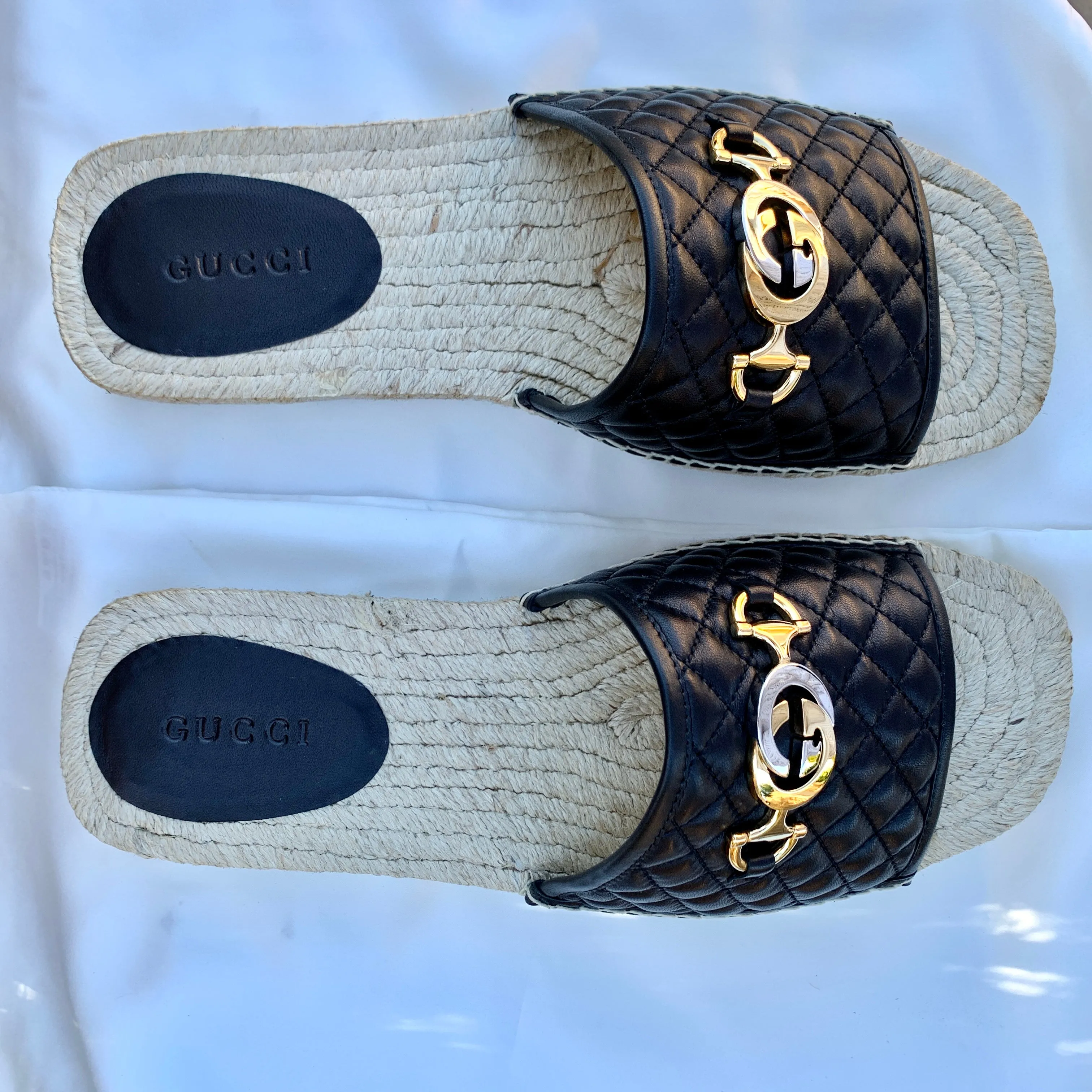 Gucci Horsebit Quilted Espadrille Slide Sandals in Black