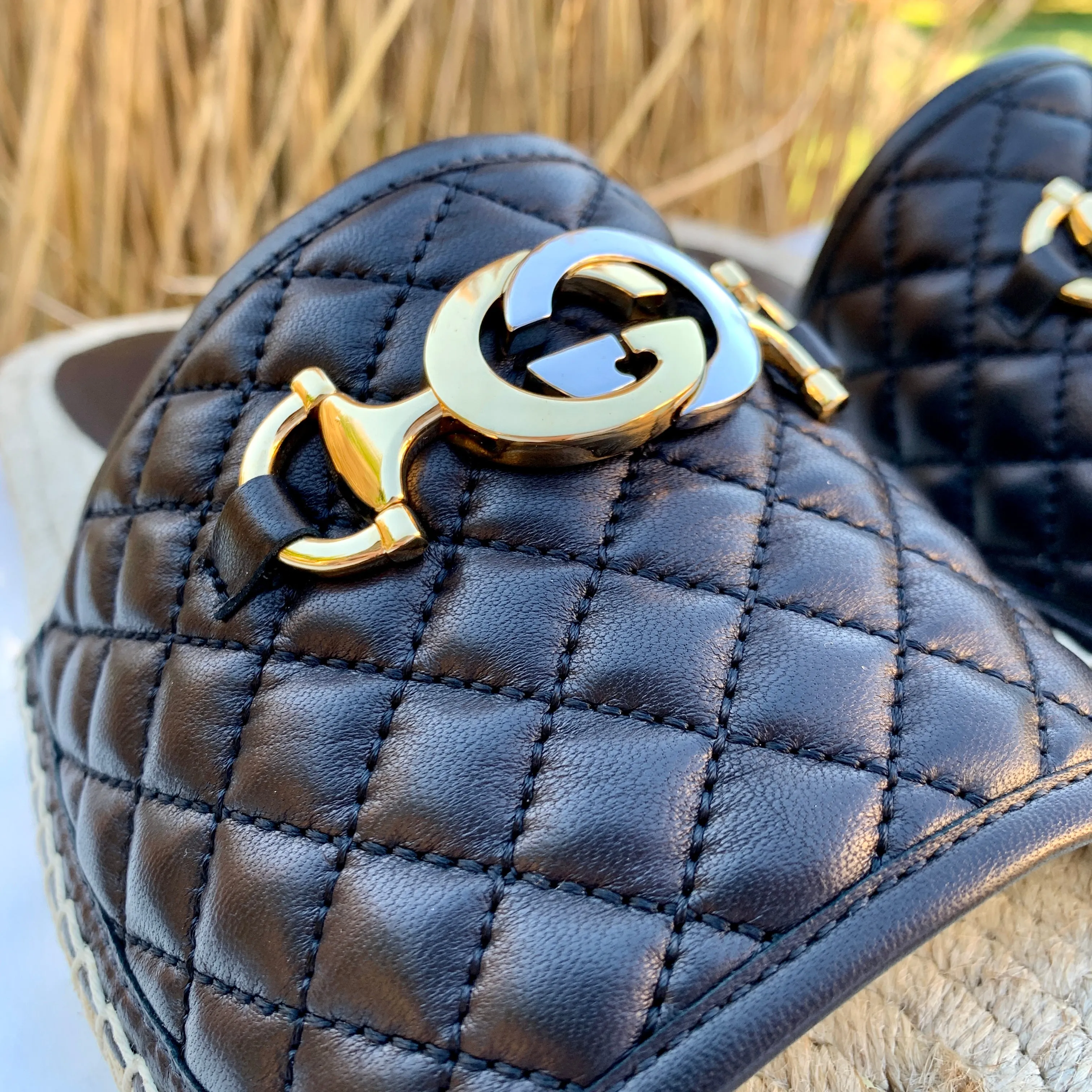 Gucci Horsebit Quilted Espadrille Slide Sandals in Black