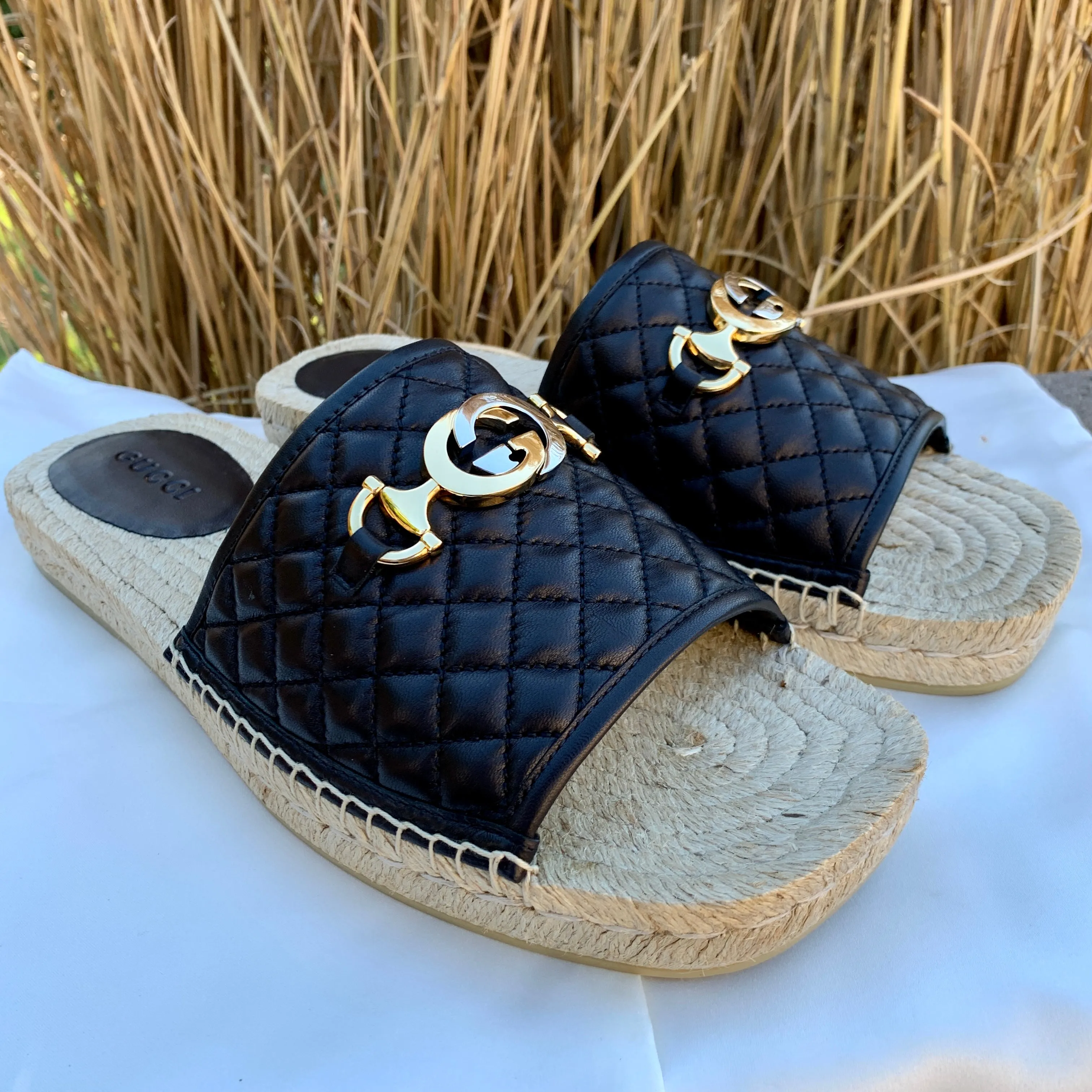 Gucci Horsebit Quilted Espadrille Slide Sandals in Black