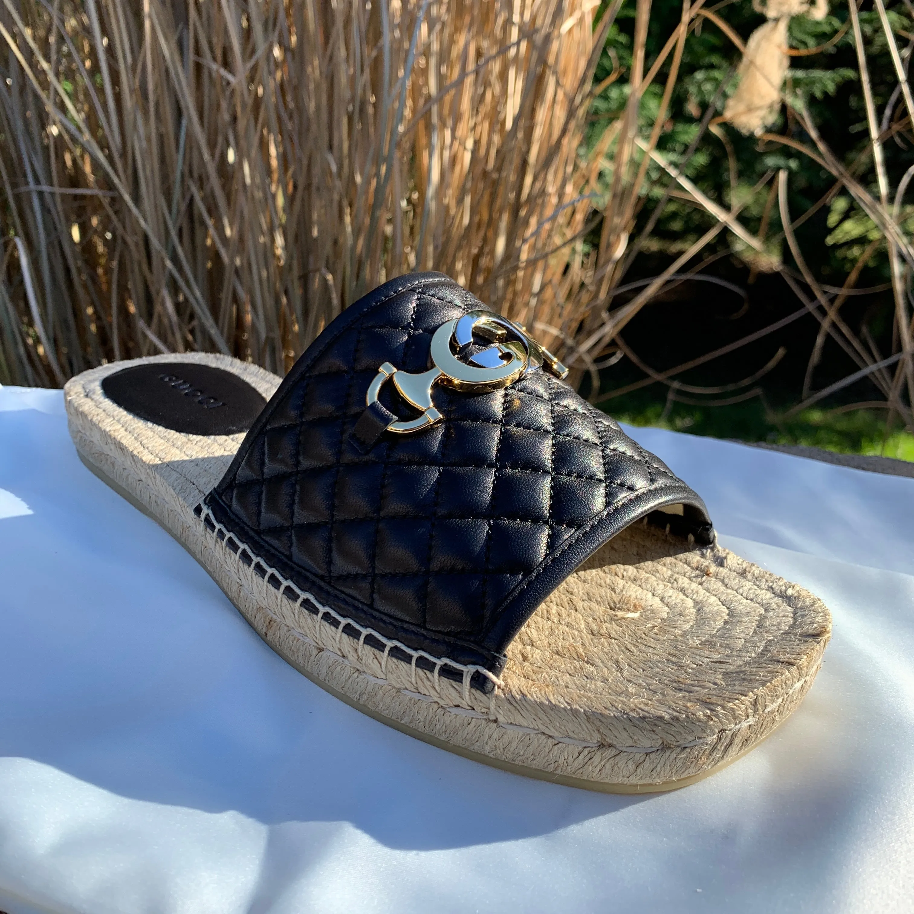 Gucci Horsebit Quilted Espadrille Slide Sandals in Black