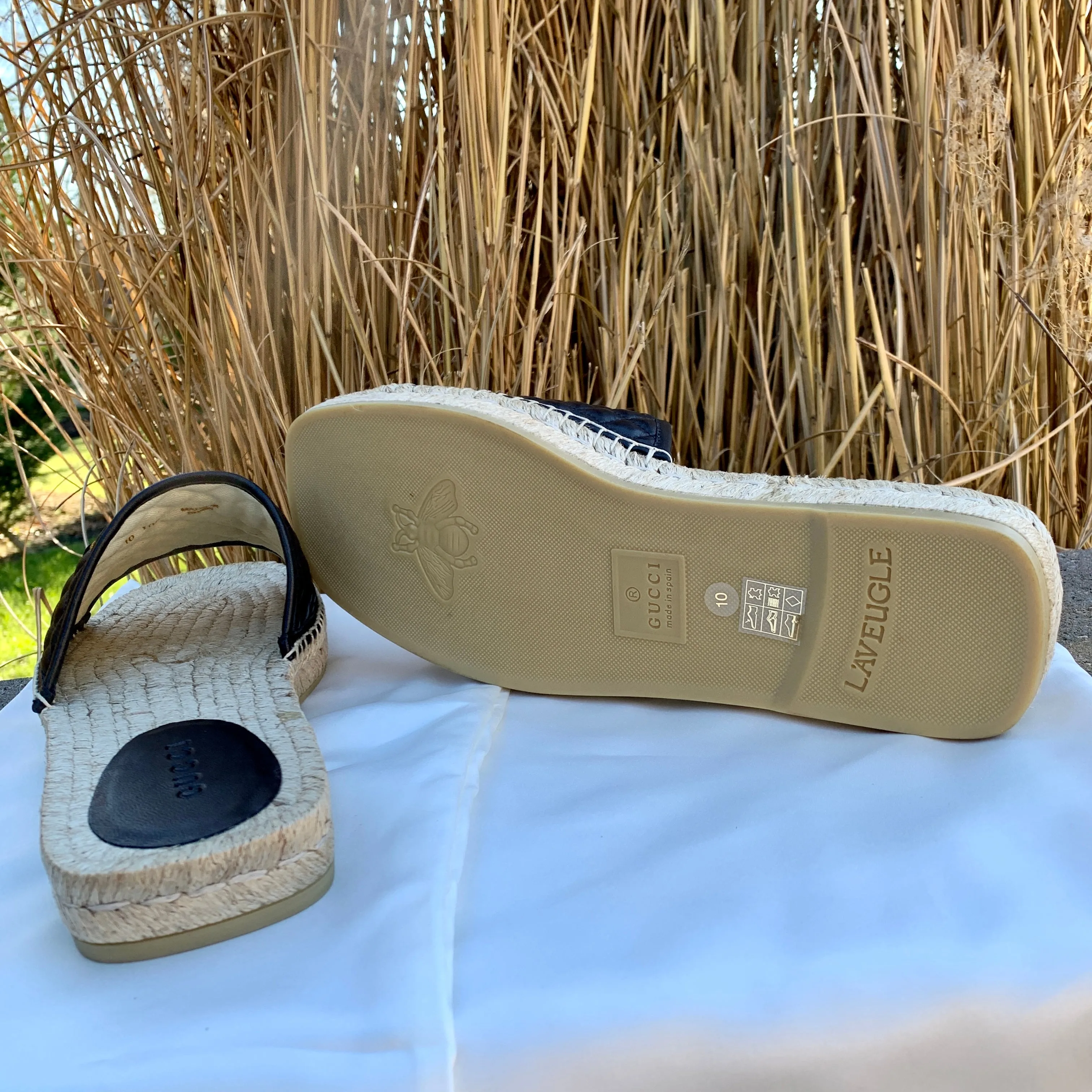 Gucci Horsebit Quilted Espadrille Slide Sandals in Black
