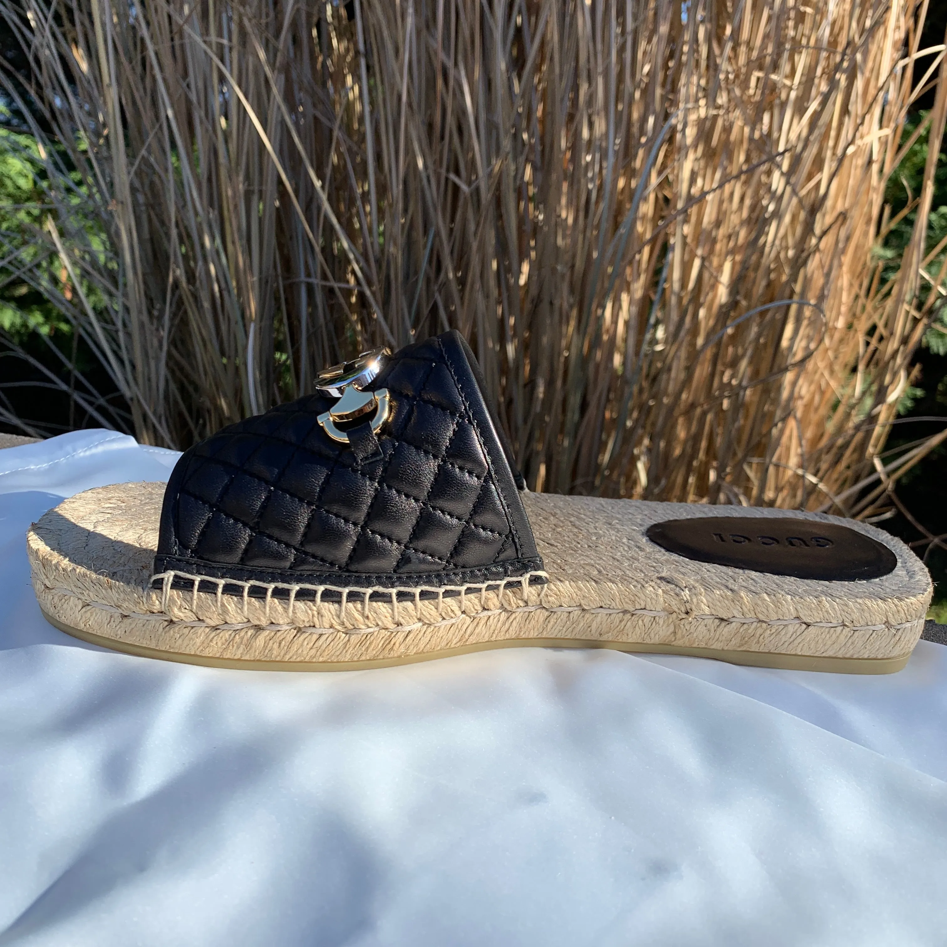 Gucci Horsebit Quilted Espadrille Slide Sandals in Black