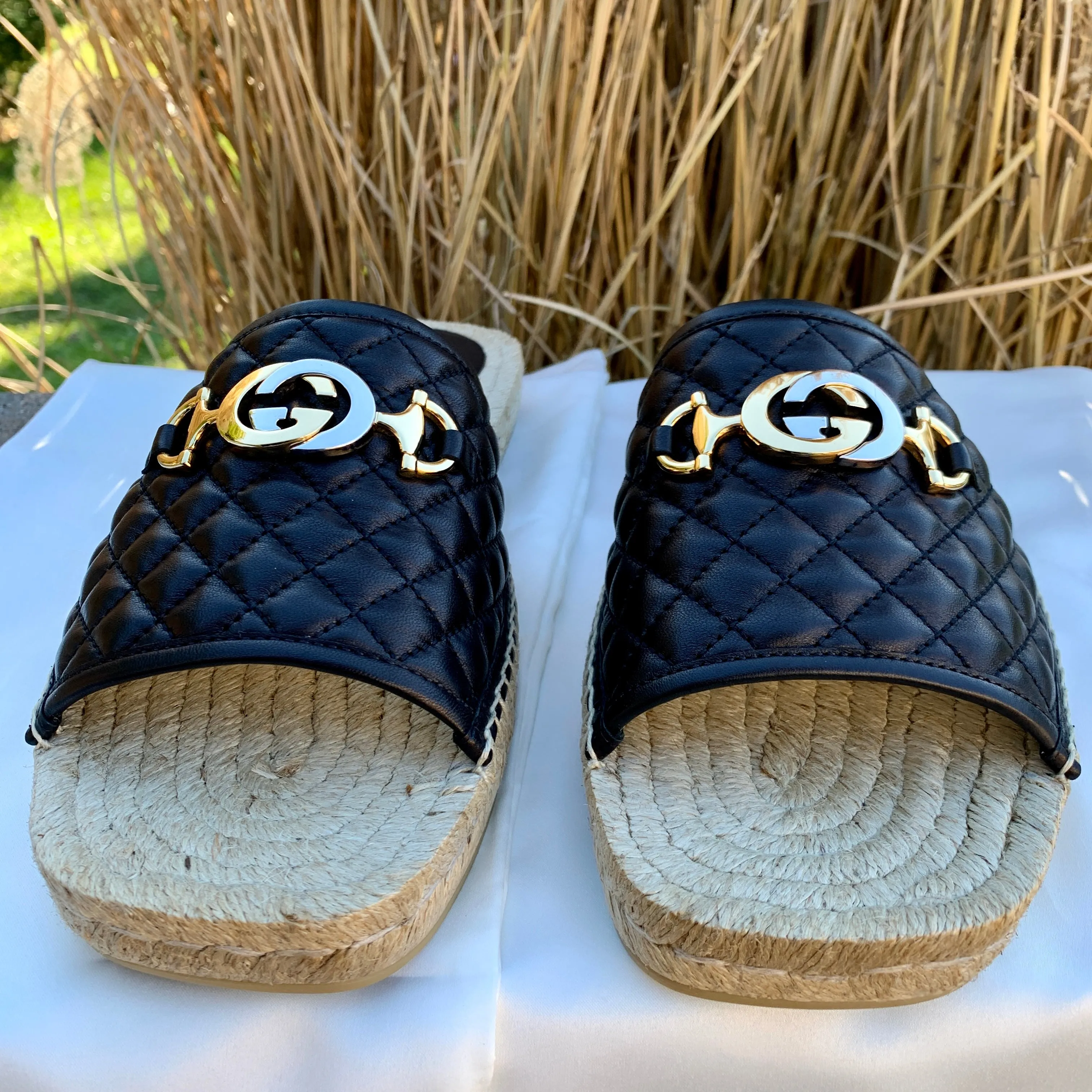 Gucci Horsebit Quilted Espadrille Slide Sandals in Black